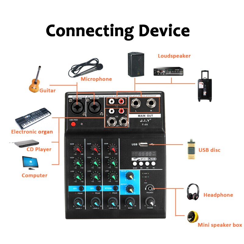 Carte son mélangeur Audio, amplificateur, Console à 4 canaux, Mini USB, Bluetooth, enregistrement fantôme pour DJ, création