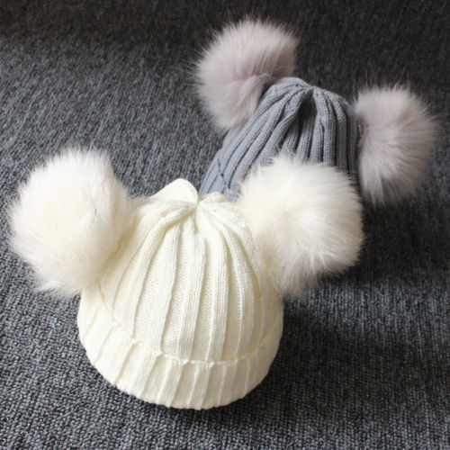 1-3 år nyfödd baby vinter ull stickad mössa barn spädbarn mössor mössa med två dubbla pom pom mössa för barn pojkar flicka