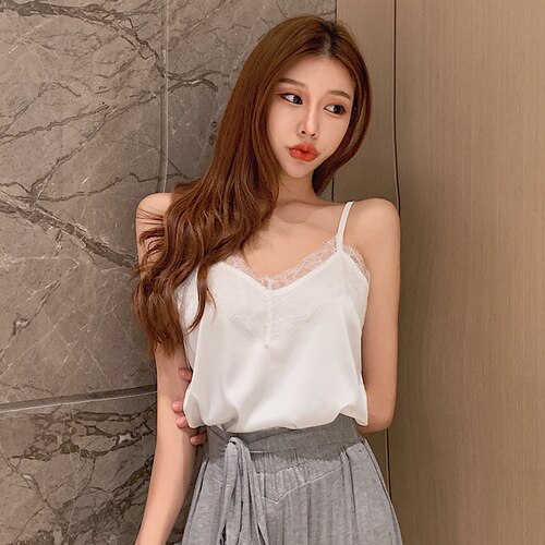 Zomer Met Kant Zijden Top Cami Voor Vrouwen Spaghetti Strap Top Tank Dames Tops Wit Hemdje Basic Tops Vrouwen Plus size 4XL: S / WHITE
