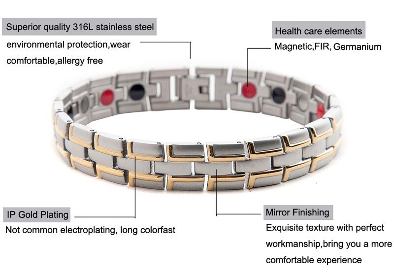 Cura magnético pulseira homem/mulher 316l aço inoxidável 3 elementos de cuidados de saúde (magnético, abeto, germânio) pulseira de ouro corrente de mão