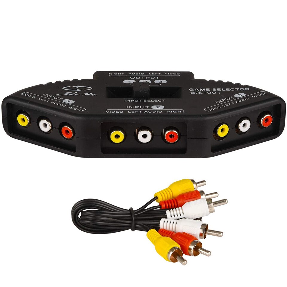 3 in 1 RCA Splitter Audio e Video RCA Switch Box con cavo per il collegamento di 3 dispositivi di segnale RCA a 1 Monitor