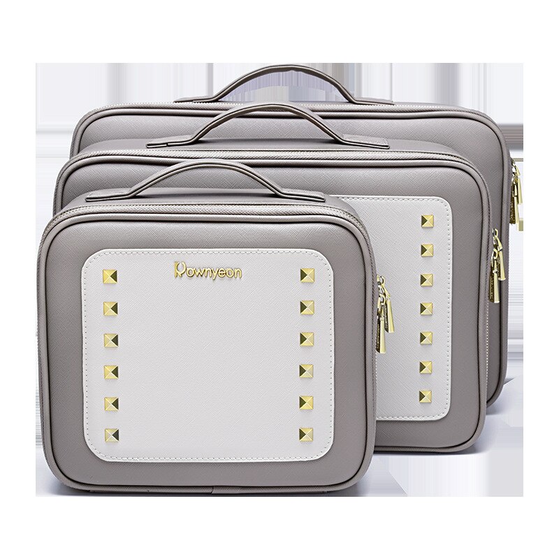 JUNKAI-Bolsa de cosméticos , organizador de maquillaje bonito, material de cuero gris con partición, productos cosméticos de alta capacidad