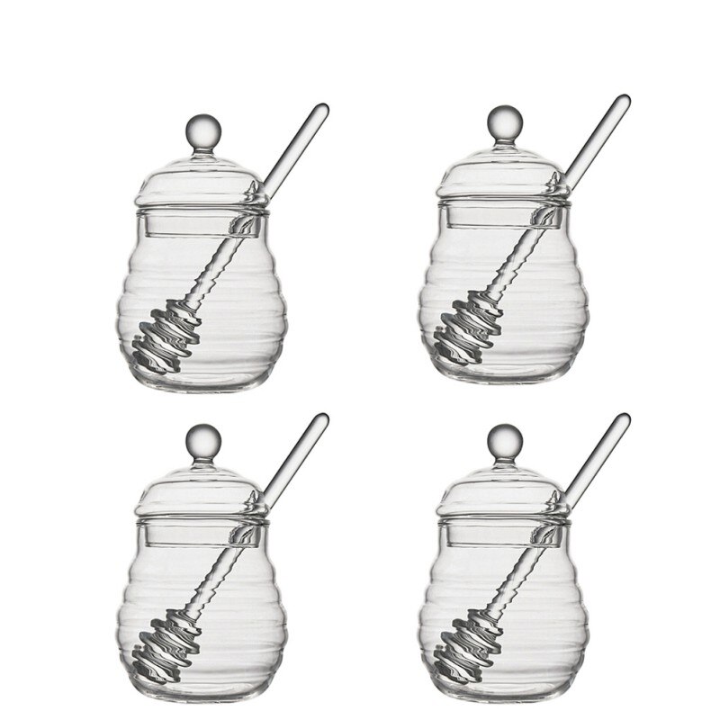 11oz/14oz Handmade Honey Jar With Dipper, Glass Made Honey Dipper And Honey Pot 4 Pack No Need to Use Spoons: S4