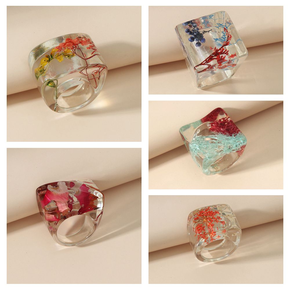 Anillo grande de resina para mujer, joyería de lujo con flores secas acrílicas transparentes, para mujeres