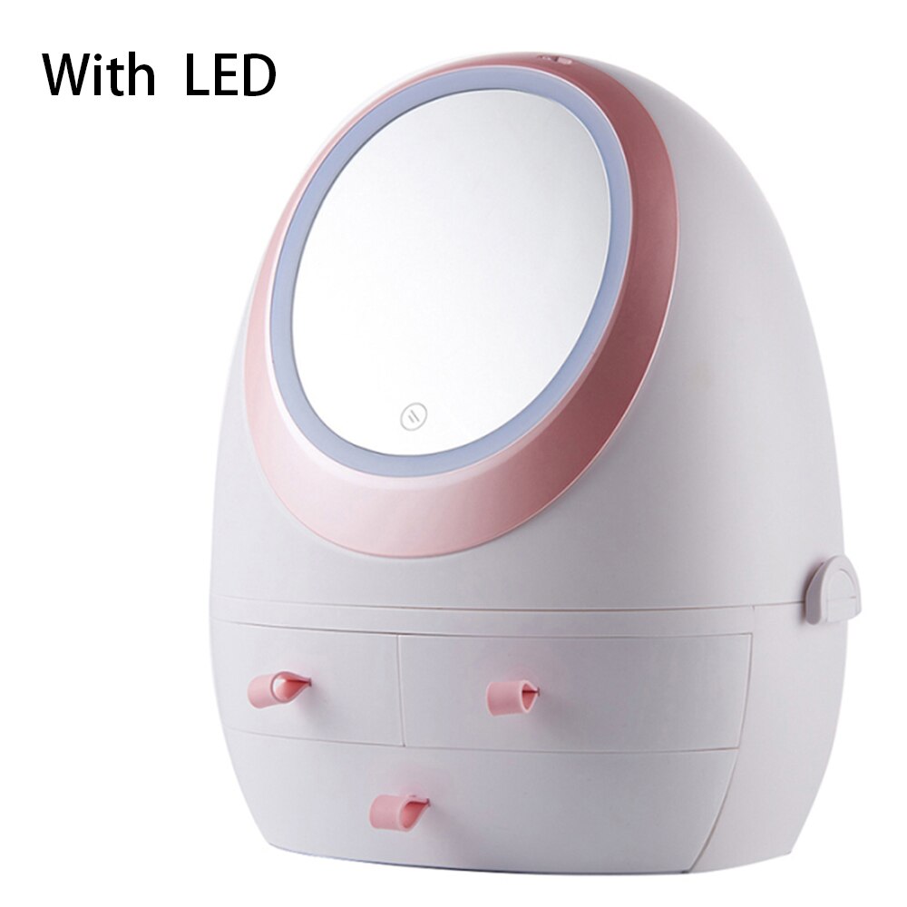 Makeup Organizer Cosmetic Storage Box With LED light Jewelry Container Dust proof Drawer Waterproof Vanity mirror USB Charging: White with LED Light