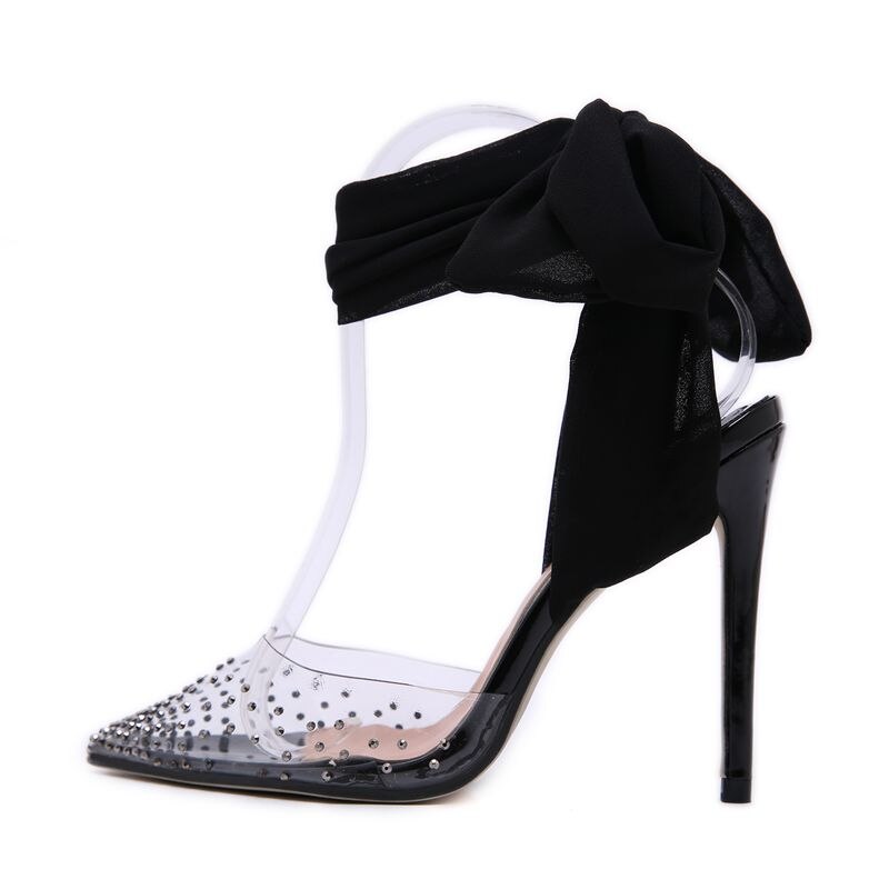 créateur chaussures pour femmes sandales pointu talons aiguilles à talons hauts cristal sandales soie écharpe blanc chaussures de mariage: Black / 7