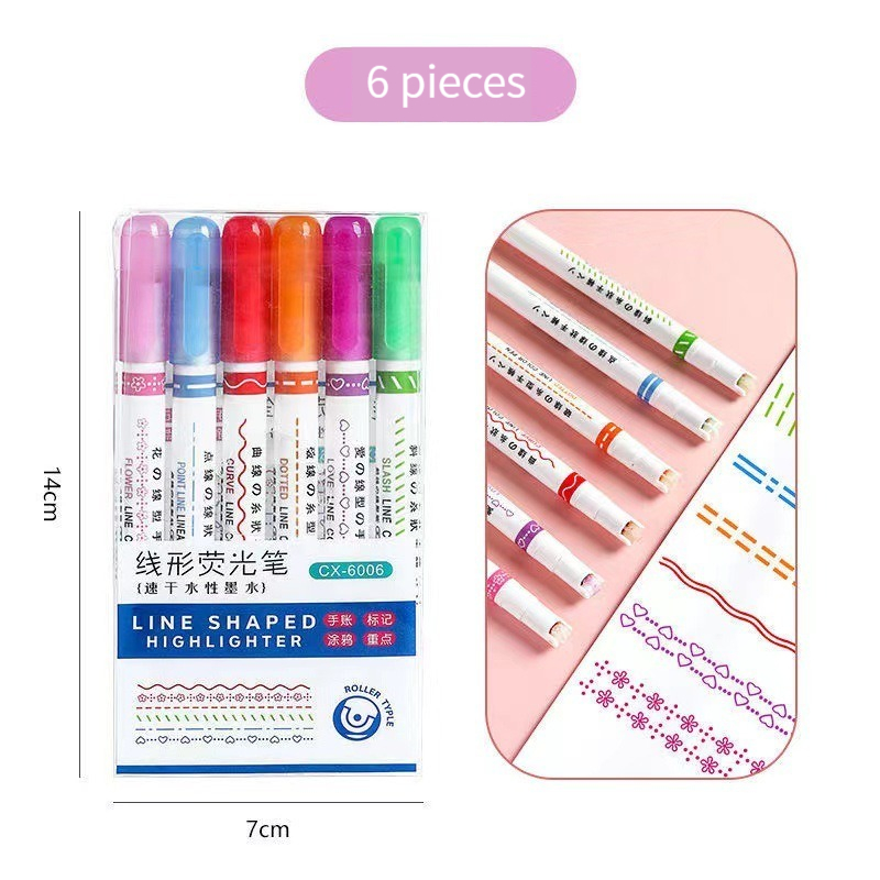 1/6Pcs/set Kawaii Flowers Line Shaped Highlighter Pens Roller Tip Curve Liner Marker for Writing Journaling Drawing Stationery: Yellow