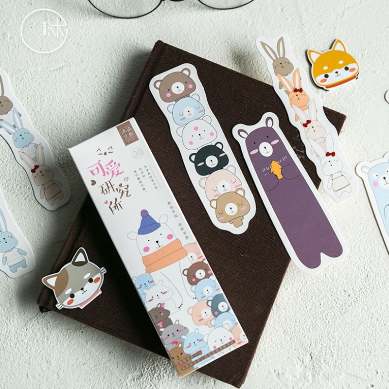 Marcapáginas de papel hecho a mano para oficina y escuela, suministros de papelería, Serie de animales de dibujos animados encantadores, , 10 paquetes por lote