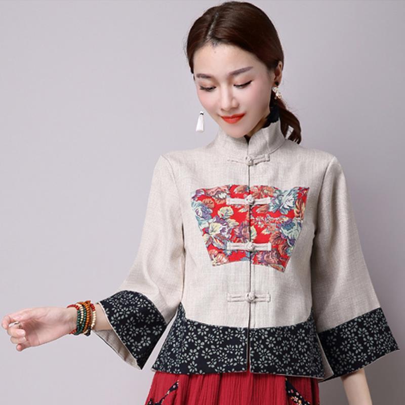 Tang Costum Vrouwen Plus Size Tops 2022 Herfst Katoen Prints Stand Kraag Traditionele Chinese Stijl Skinny Hanfu Shirts Vrouw