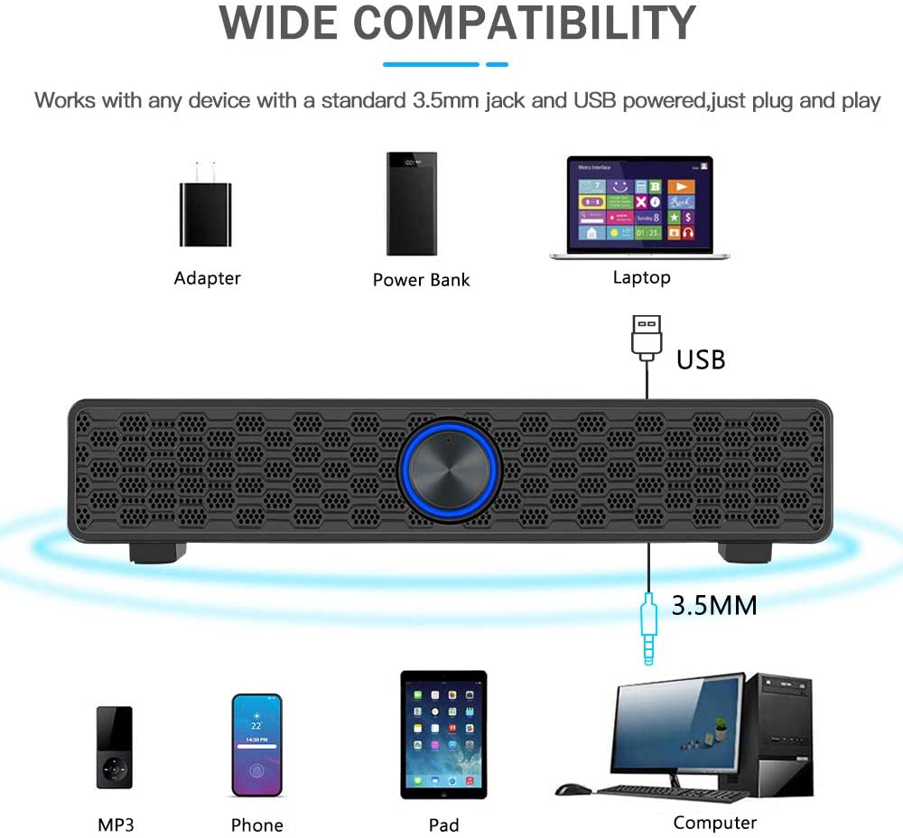 ARCHEER CS04 USB 10W Wired Sound Bar Stereo Sound Speakers Computer Stereo Speakers Hifi Soundbar for Laptop PC Samrtphone TV