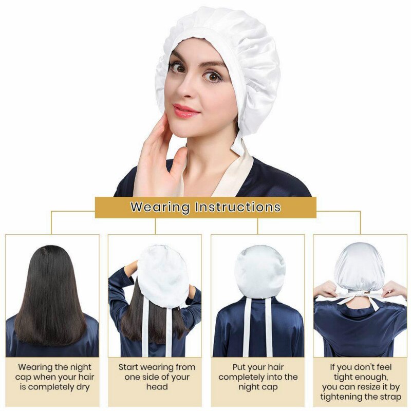 100% Mulberry Silk Night Sleep Cap Sleeping Hat 19 Momme Soft For Women Hair Beauty With Adjustable Elastic Ribbon: White