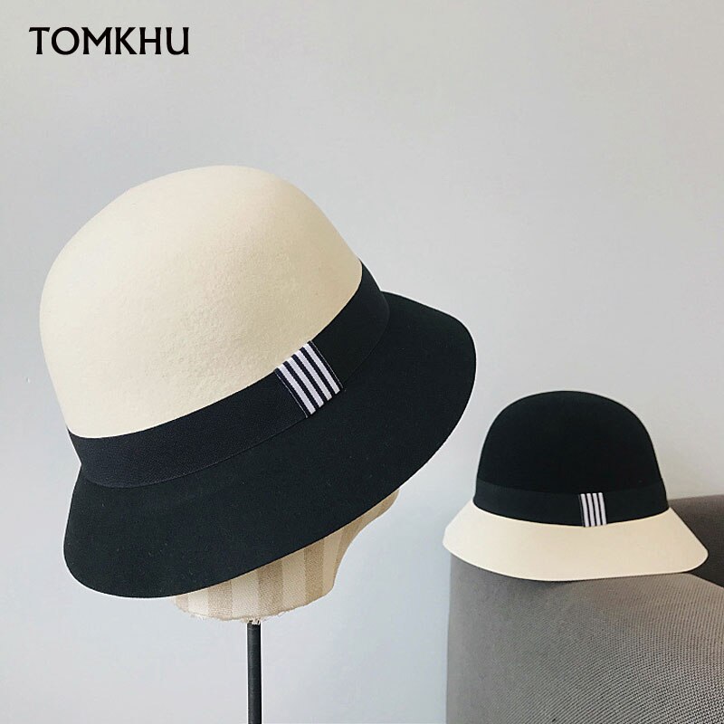 Wool Felt Black White Splicing Ladies Floppy Hats Winter Bucket Women Fedora Hat Church Derby Party Bucket Jazz Hat
