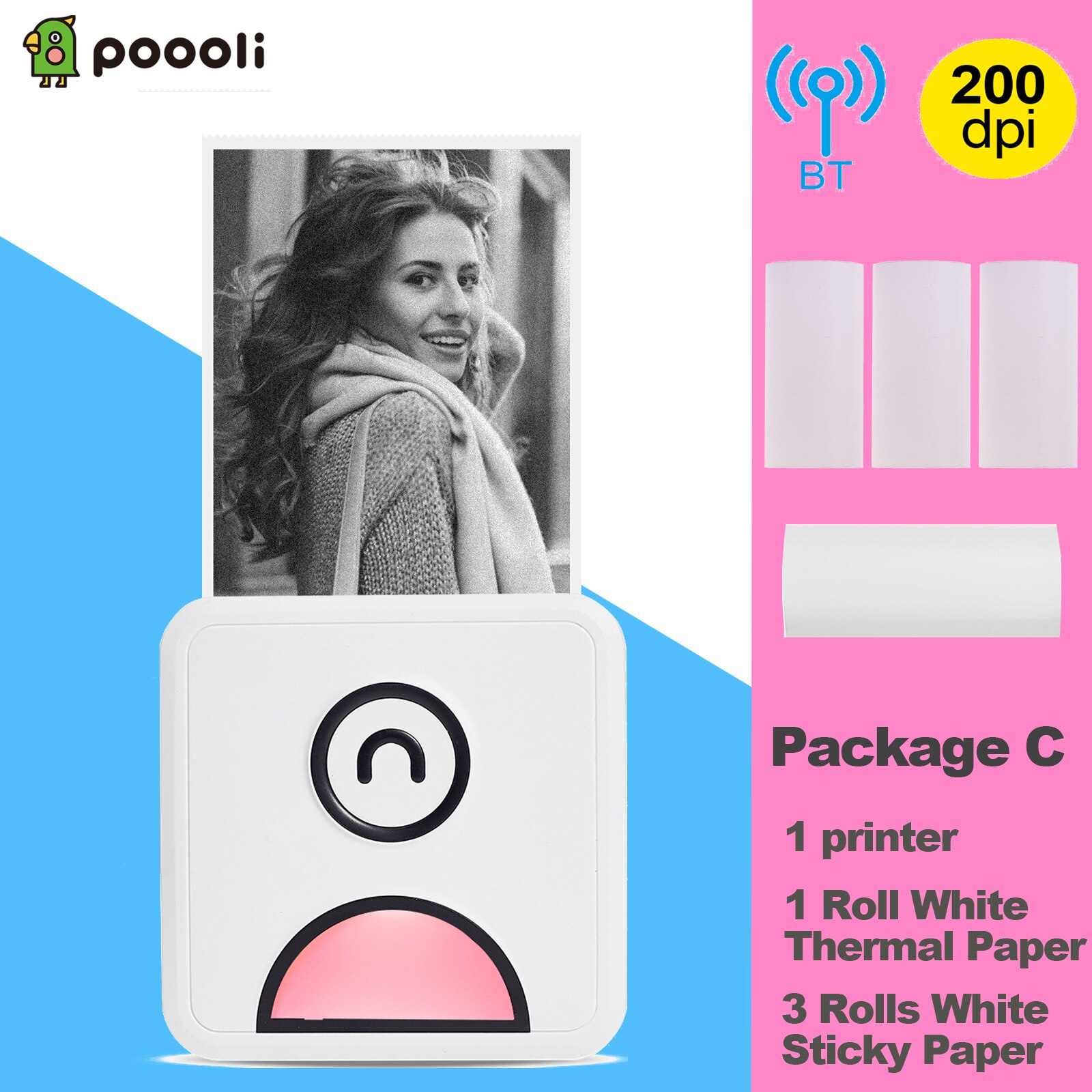 Poooli L1 Pocket Photo Thermal Printer 200dpi 58mm Wireless BT Memo Lists Printer for Printing Labels Photos Making Journals: Pink Package C