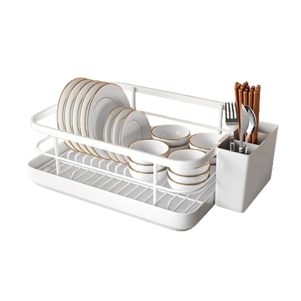 Dish Drying Rack Utensil Drainer With Utensil Holder Dish Organizer Drying Dish Rack With Drip Tray For Bowls And Plates: WHITE