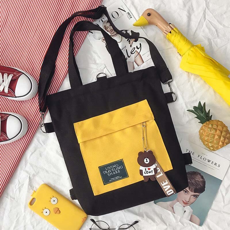 Ins urso quente decoração mulher saco de compras uso diário estilo coreano crossbody lona totes multi-função meninas saco de livro mochila novo: BLCAK2