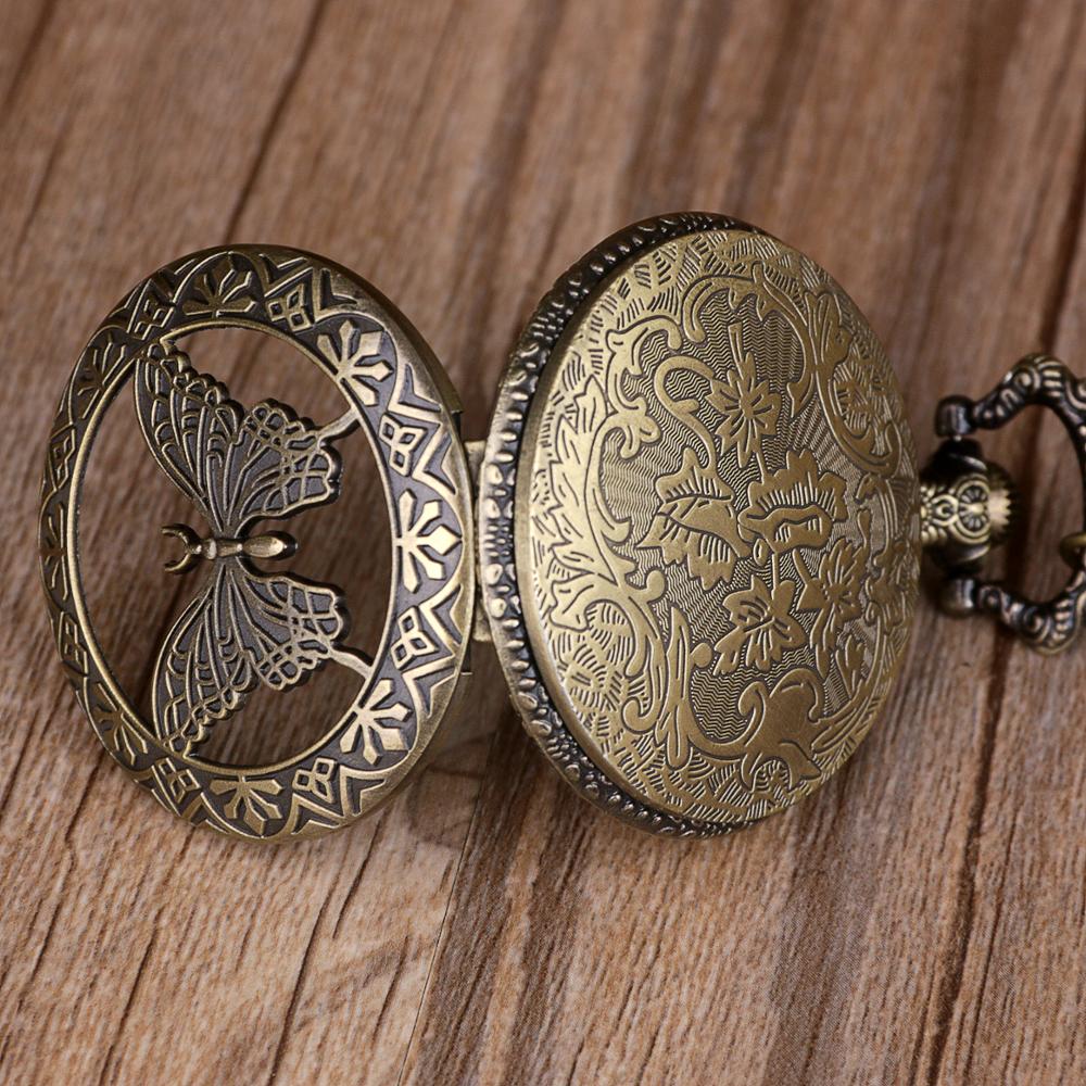 Quartz Pocket Watch Steampunk Necklace Chain Butterfly Pattern Retro Style Fob Pocket Watches Clock for Mens Womens
