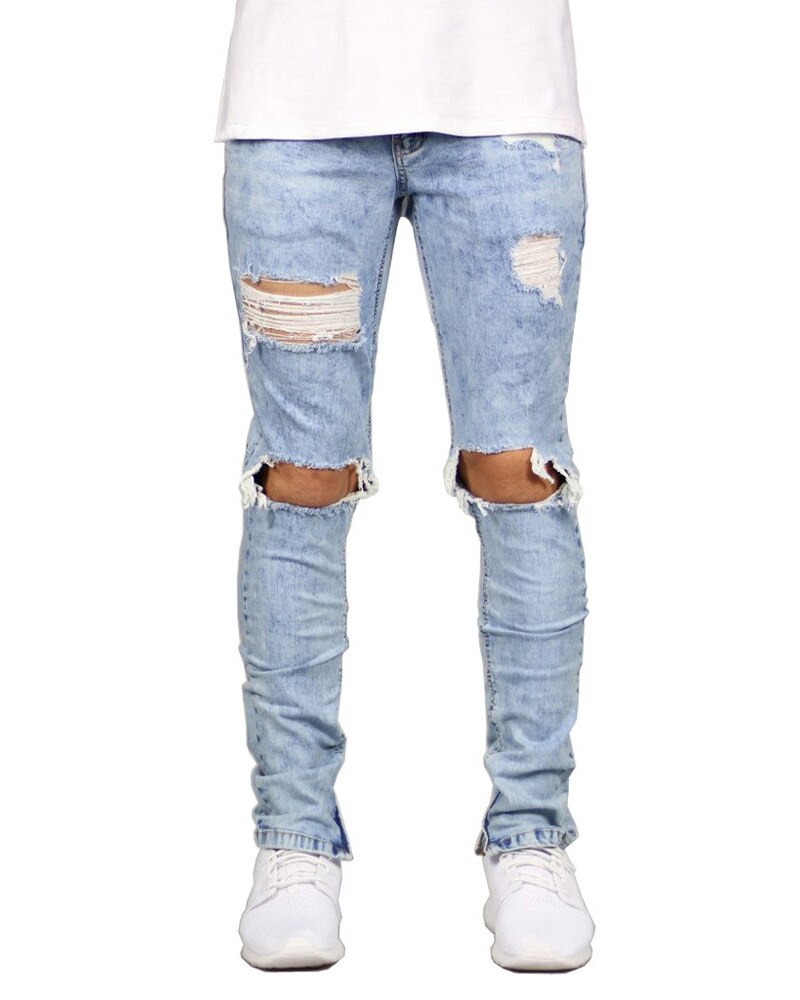 Vernietigde gescheurde jeans mannen uitgehold grote gaten bedel cropped denim broek broek casual heren skinny zijrits kokerbroek