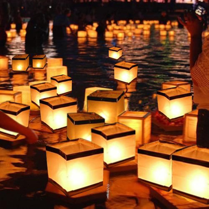10pcs/lot 15CM Chinese Square Wishing Lantern Floating Water Lanterns Lamp Light With Candle Gold/Silver Color
