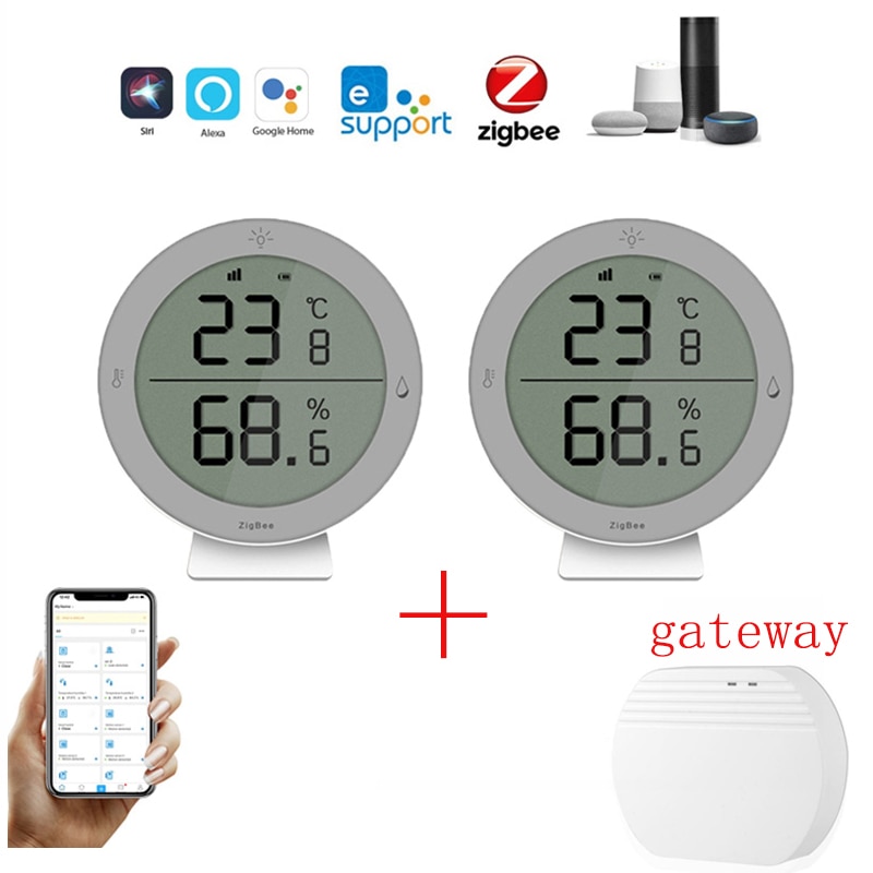 Tuya ZigBee3.0 Temperature And Humidity Sensor Smart Home With Gateway Battery Powered Zigbee Sensor With LCD Screen Display: 2pcs with Gateway
