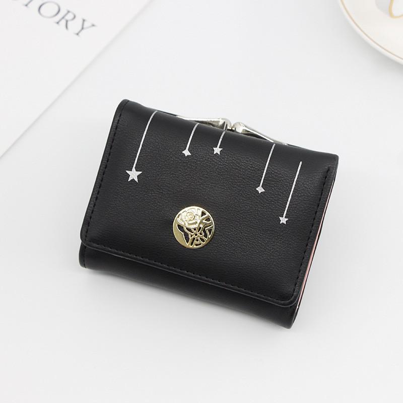 Kort damepung femtakket stjerneprintet lille møntpung kvindelig clutch mini læder kreditkortholder: Sort