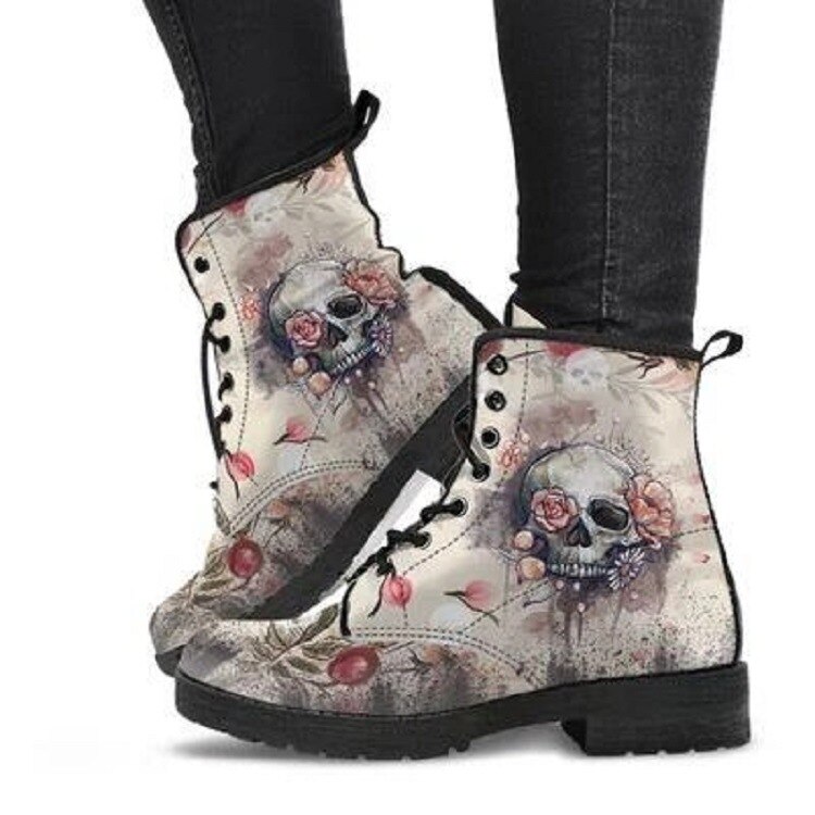 Botas altas con estampado de calavera y flores para mujer, botines estilo Martin para otoño e invierno, británica,: 1 / 36