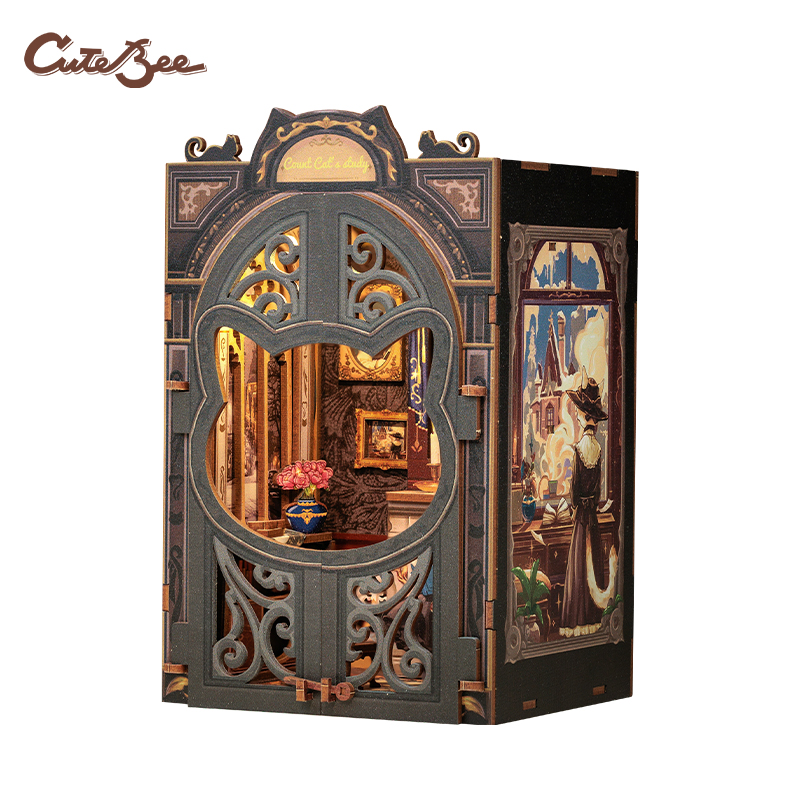 CUTEBEE Puzzle 3D DIY Book Nook Kit Wooden Bookend with Touch Light Secret Rhythm Music Booknook Building Decoration Model: SKY BLUE