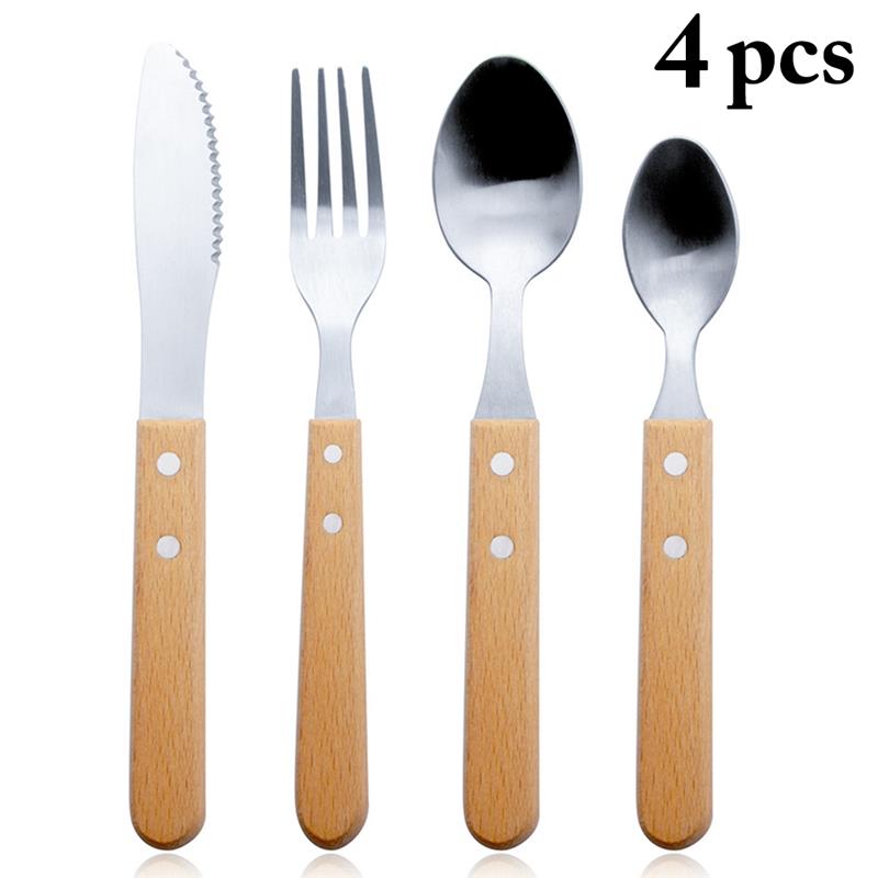 4Pcs Bestekset Rvs Zilverwerk Set Bestek Set Houten Handvat Dining Messen Vorken Theelepels Thuis Servies