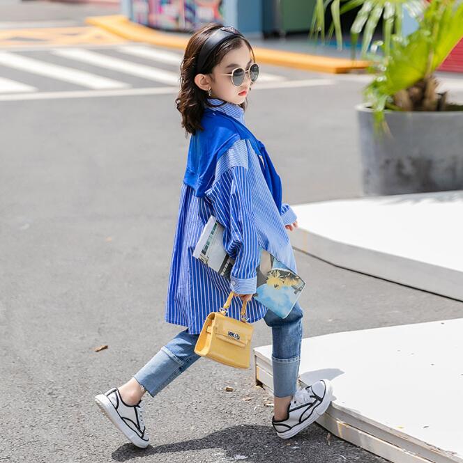 Girls Blouses Autumn Teen Girls Blue Striped Cotton Long Sleeve Shirts Children Top Kids Clothing