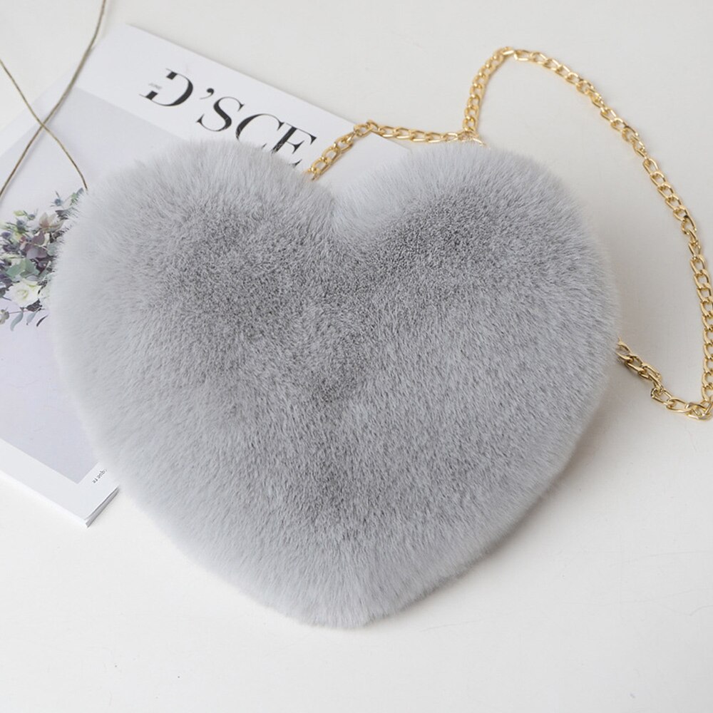 Women Heart Shaped Bag Female Chain Messenger Bag Plush Love Shoulder Crossbody Bag Winter Fur Hand Bags: C