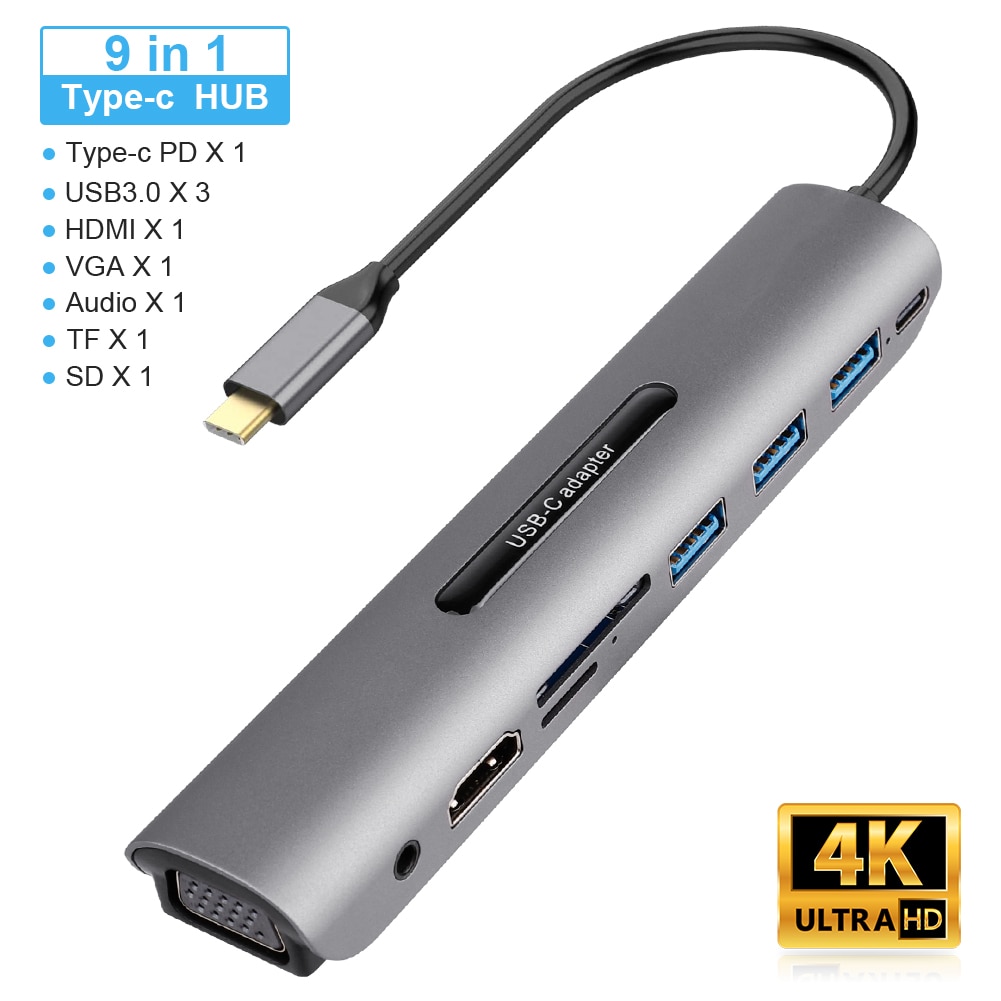 Usb Type C Hub Naar Hdmi RJ45 Lan Multi Usb 3.0 Pd Adapter Om 4K 30Hz USB-C Hub voor Macbook Pro Air Dock Usbc Type-C Hub Splitter: 9 in 1