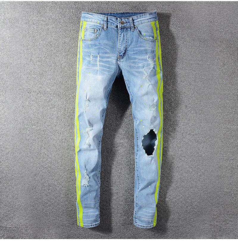 Mænds neon gule farve linjer patchwork ripped jeans huller ødelagt denim stretch bukser slim fit man jeans 28-40: 40