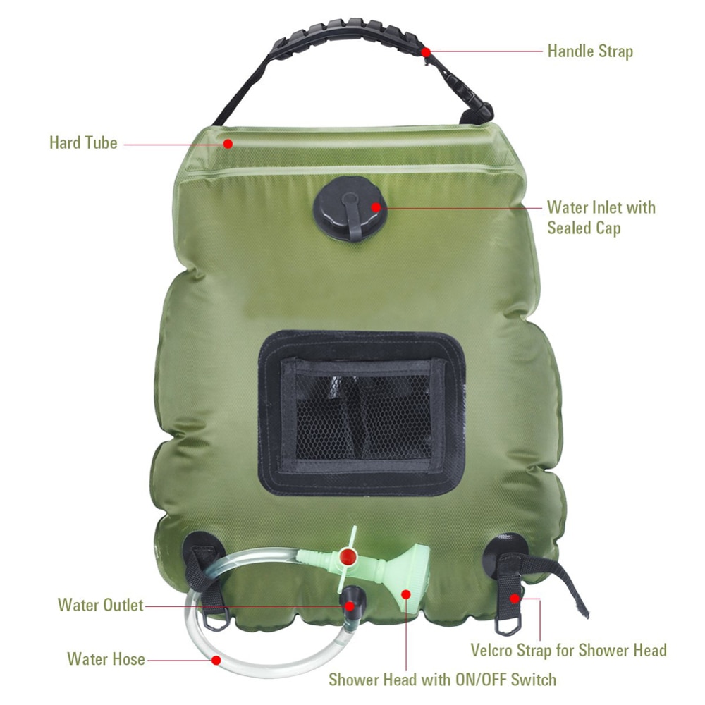 Solar brusetaske 20l solvarme camping brusetaske vand 45 ° aftagelig slange omskiftelig brusehoved