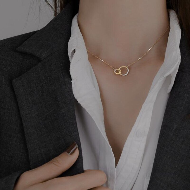 COLLARES DE CIRCONIA y colgantes minimalistas para mujer, de doble círculo redondo de Plata de Ley 925, de , Gargantilla, joyería para amantes: n1gold