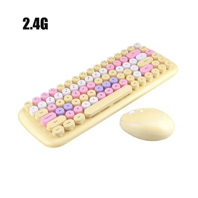 Combos Candy Color WIRELESS KEYBOARD Mouse PINK Girl Roud Keycap Gaming Keyboard for Notebook PC Girls Giftand: Yellow