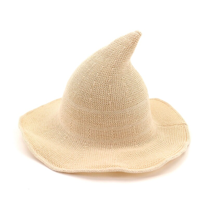 QBHAT Cotton Knitted Witch Hat Cap Casual Wide Brim Bucket Hats Women Funny Folding Magic Wizard Hat Solid Color Chapeau QB25: Beige