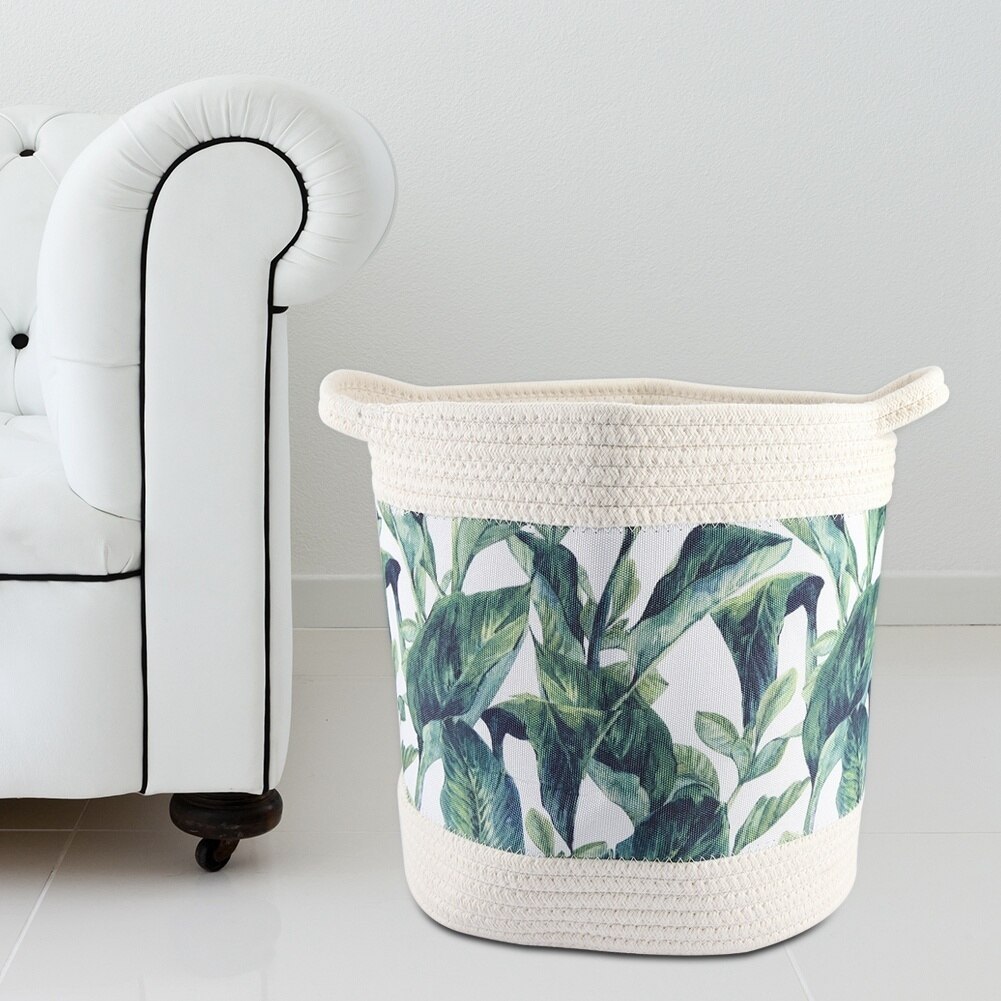 Nordic Green / Grey Leaf Cotton Rope Storage Basket Tropical Flowers Woven Finish Baskets Foldable Sundries Organizer Bucket