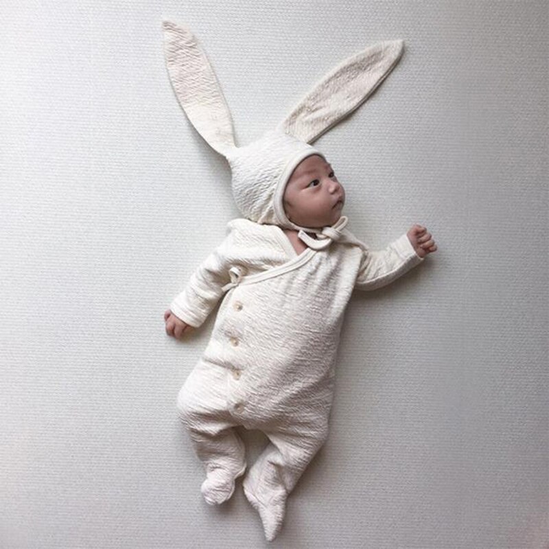 Geckatte Autumn Cute Ear Hat+long Romper Sets Baby Girl Clothes Solid Baby Boy Clothes Born Baby Clothes Babygirl Onesie: Beige / 60