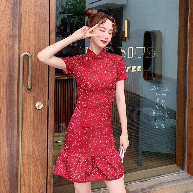 Röda bomulls cheongsam fishtail klänningar elastisk bomull sjöjungfru qipao kortärmad klassisk prick qipao mantel orientale: S