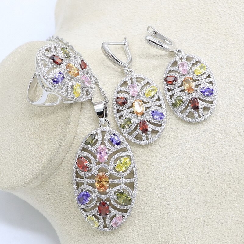 Sølvfarvede bryllupssmykker flerfarvede sten cubic zirconia smykkesæt til kvinder øreringe/vedhæng/halskæde/ring/armbånd: 3 stk / 8