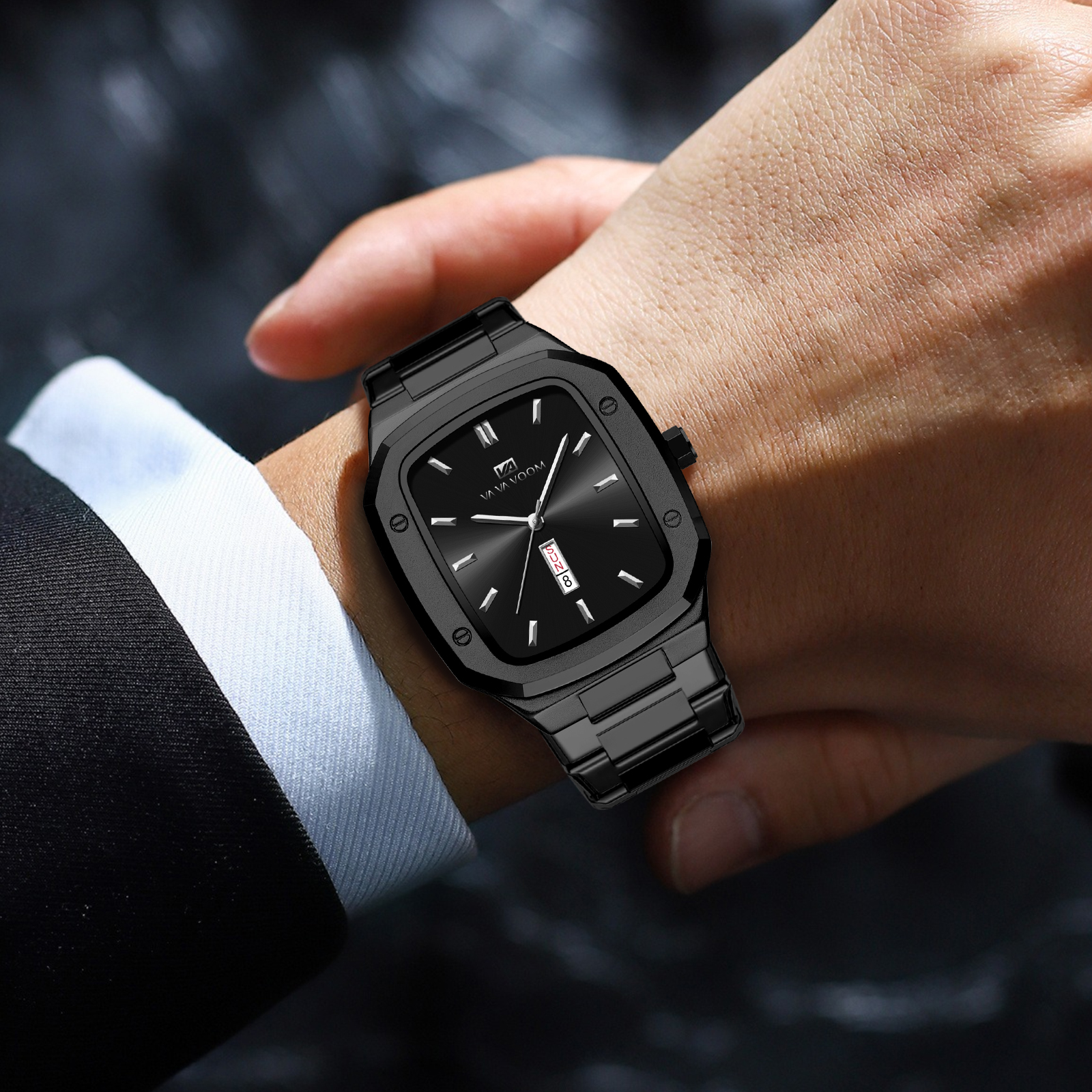 2024 reloj para hombre, correa cuadrada de acero inoxidable a la , oro azul, 3Bar, calendario semanal de cuarzo, reloj de pulsera deportivo de negocios simulado