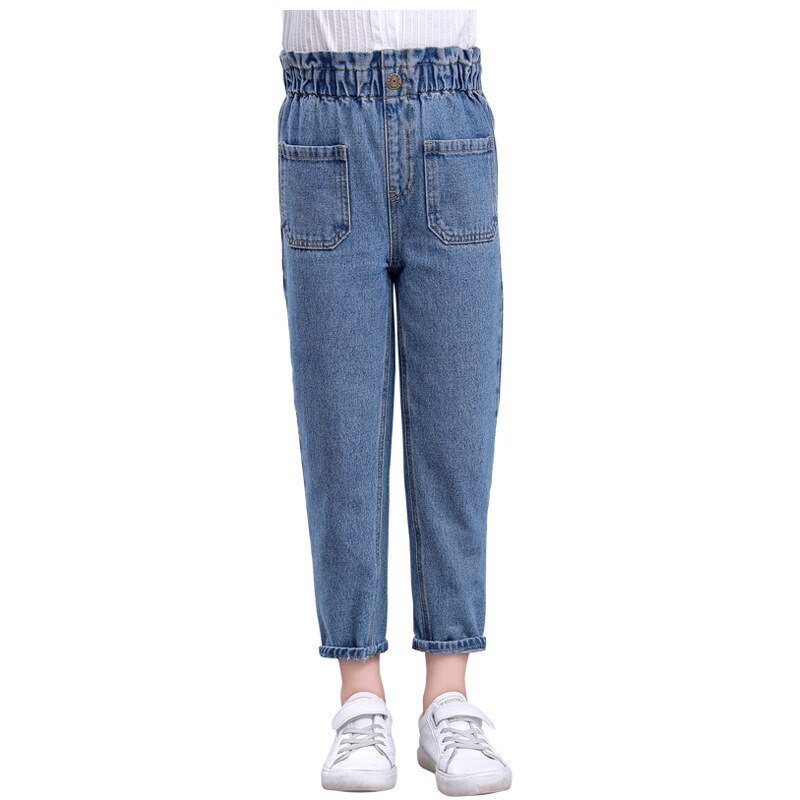 Vår og høst barn klær jenter høy midje jeans bukser blå slim fit denim materiale for jenter bukser bukser klær