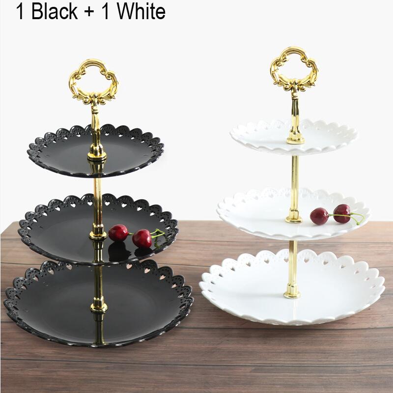 2pcs/set Cake Stand 3 Layers Wedding Cake Plate Stand Dessert Fruits Vegetable Placed Tool Wedding Birthday Party Cupcake Stand: Black and White