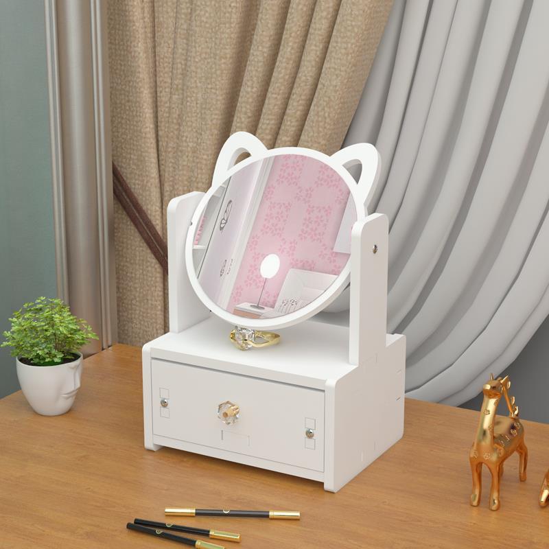 Espejo de maquillaje con orejas de gato para mujer, organizador de cosméticos de escritorio, tipo cajón de plástico de madera, caja de almacenamiento de cosméticos, estante con espejo de tocador: style C