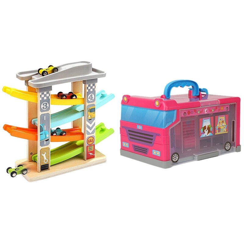 1 Set 4 Mini Car Wooden Track Ramp Racing Game & 20Pcs Children Play House Storage House Travel Bus Storage Box Toy