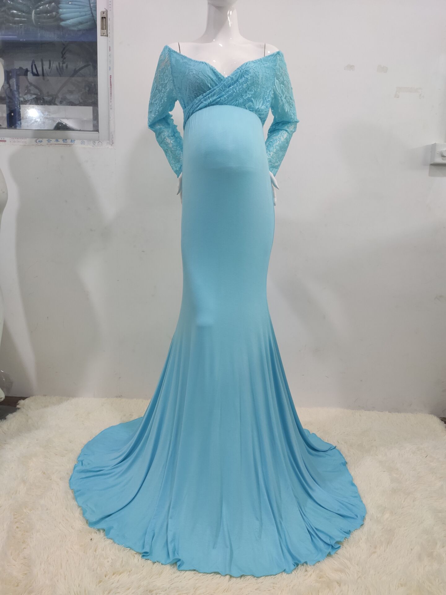 Lace Maternity Dresses for Photography Maternity Photo Shoot Outfit Maxi Gown Pregnancy Women Lace Long Dress: light blue