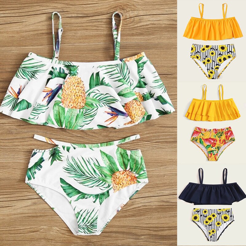 Children's Split Ruffle Swimwear Printed High Waist Bikini For Girls Holiday