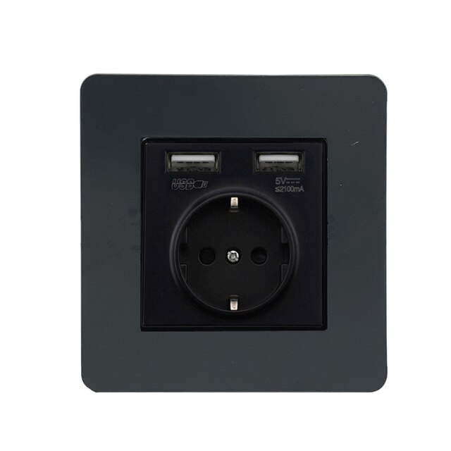 Liwbet Alle Zwarte 1 Gang / 2 Gang / 3 Gang / 4 Gang 2 Way Wall Switch En Roestvrij stalen Paneel Licht Schakelaar En Stopcontact: EU Socket With USB