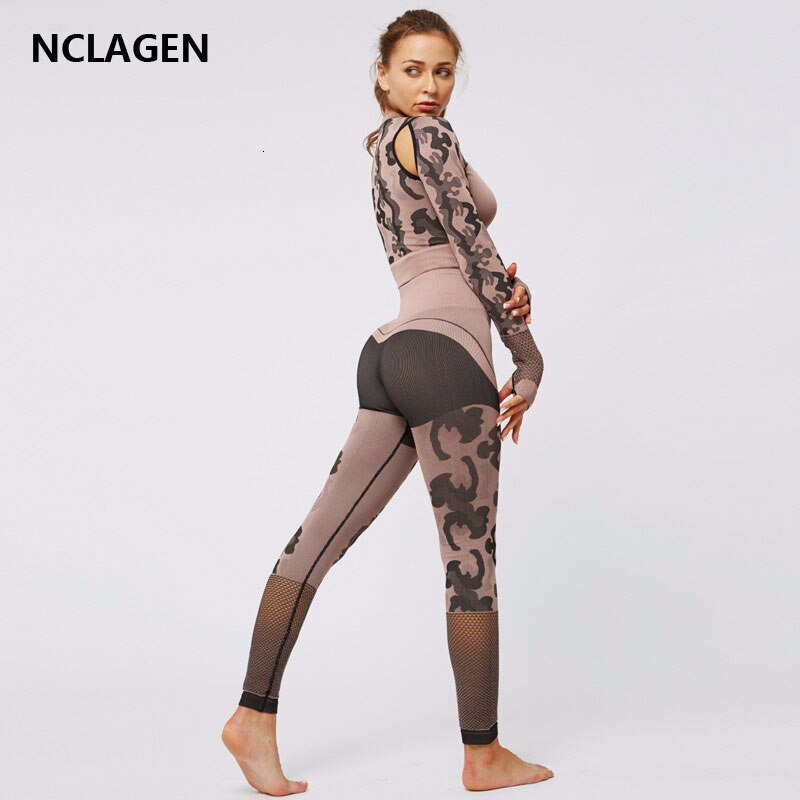 Yoga sæt sport kvinder fitness dragt nylon sømløs crop top hul langærmet skjorte leggings bodybuilding bukser nclagen