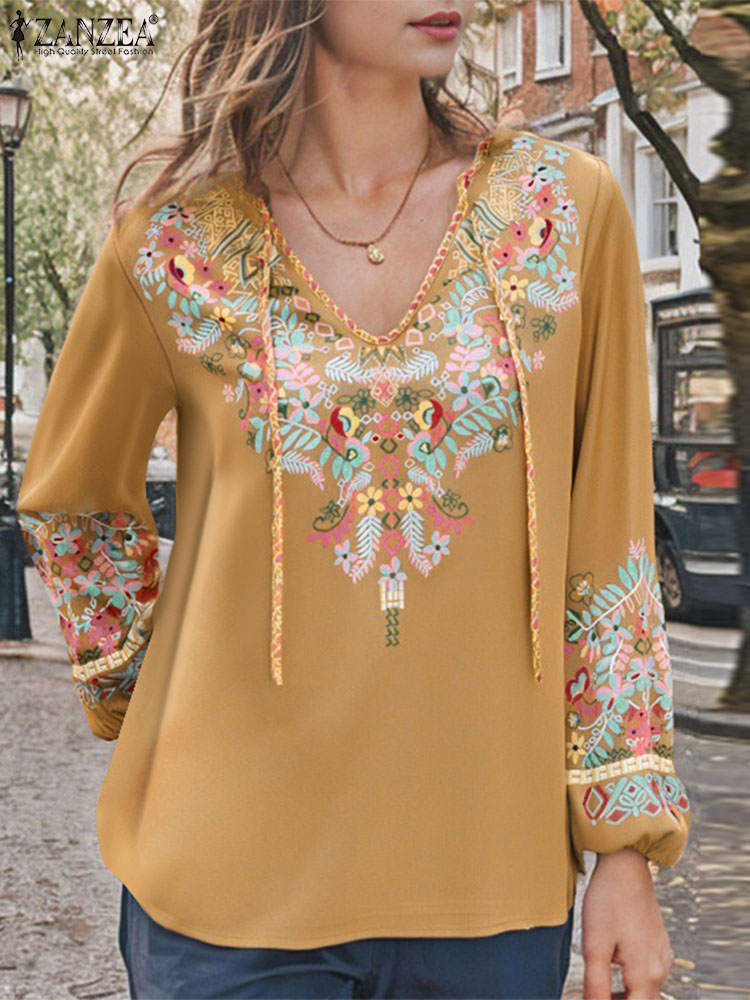 Zanzea lente blouse met bloemenprint, bohemian shirts, casual damesblouses met lange mouwen, v-hals tops met vetersluiting, tuniek