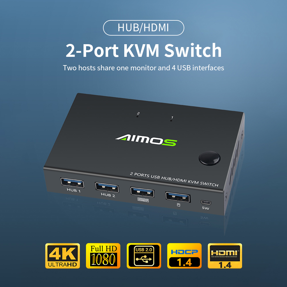 AIMOS AM-KVM 201CL 2-in-1 HDMI-compatible/USB KVM Switch Support HD 2K*4K 2 Hosts Share 1 Monitor/Keyboard&amp; Mouse Set KVM Switch: AM-KVM201CC